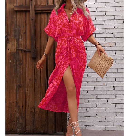 Leopard Print Button up Kimono Sleeve Shirt Dress - Picture 1 of 5